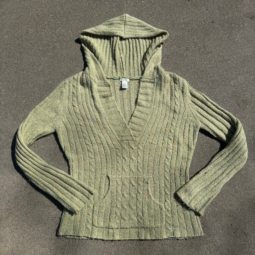 Y2K Maurices Celery Green Variegated Fisherman Knit Hooded V-Neck Sweater Pouch